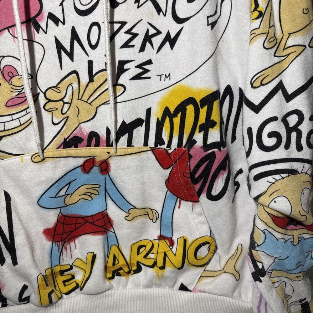 Nickelodeon Ren Stimpy Hey Arnold Rugrats Print ALL OVER Hoodie Y2K 90s Size L - Picture 3 of 6